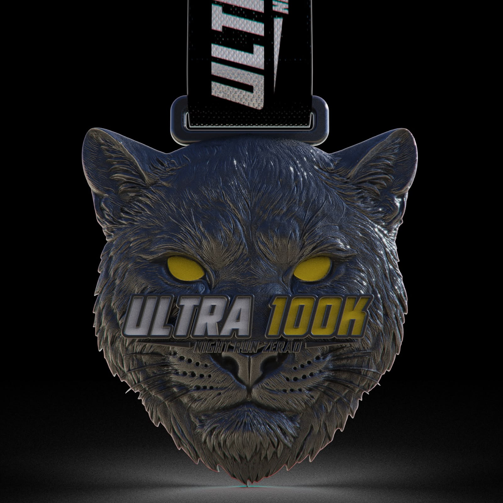 Medalha finisher Ultra100K — pantera negra com olhos dourados